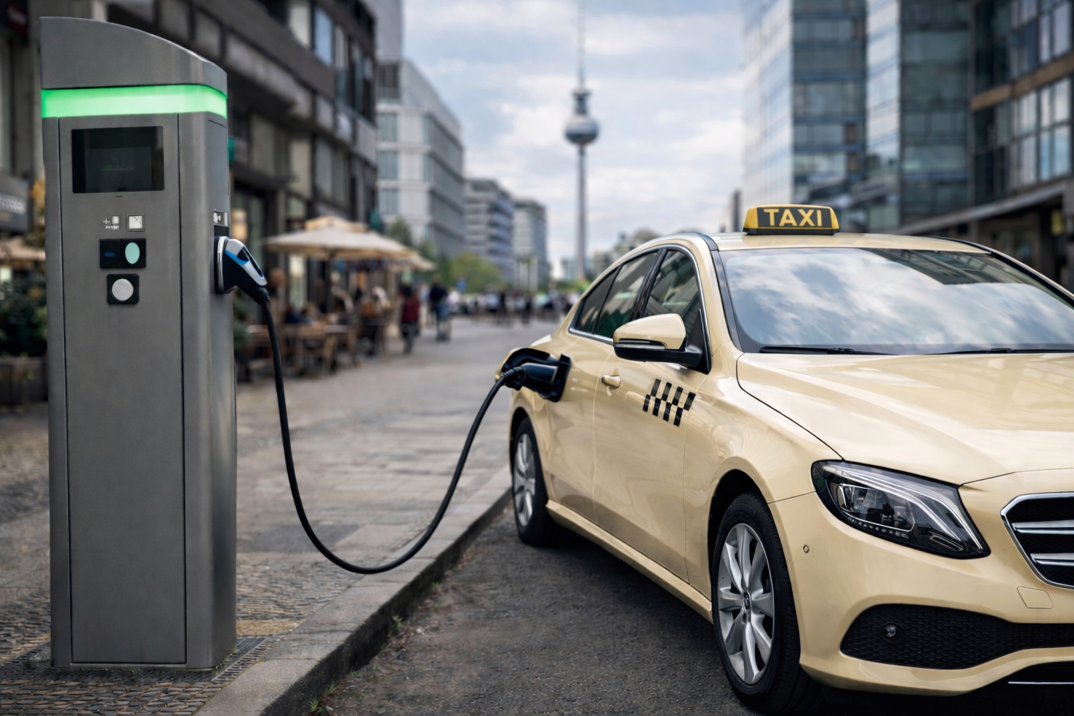 Elektrotaxi an Ladesäule in Berlin – Elektromobilität und E-Taxi-Versicherung