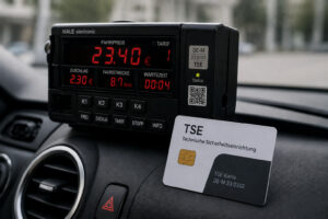 Taxameter mit TSE-Karte im Fahrzeug zur Umsetzung der TSE-Pflicht für Taxi- Mietwagenunternehmen seit 2026