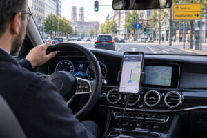 Personenmietwagen im Stadtverkehr als Symbol für Uber, Bolt und Plattformgeschäft